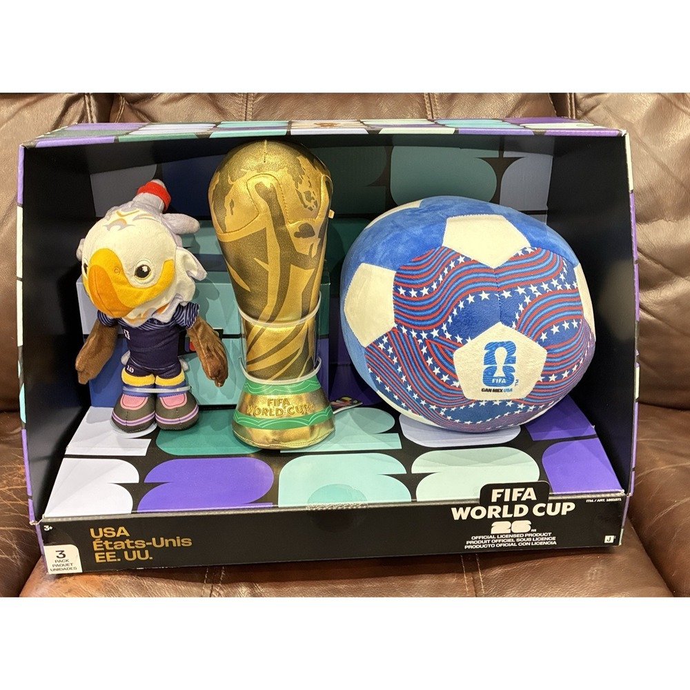 FIFA World Cup 26 USA Plush 3 Pack Set Eagle Trophy Soccer Ball Jazwares New